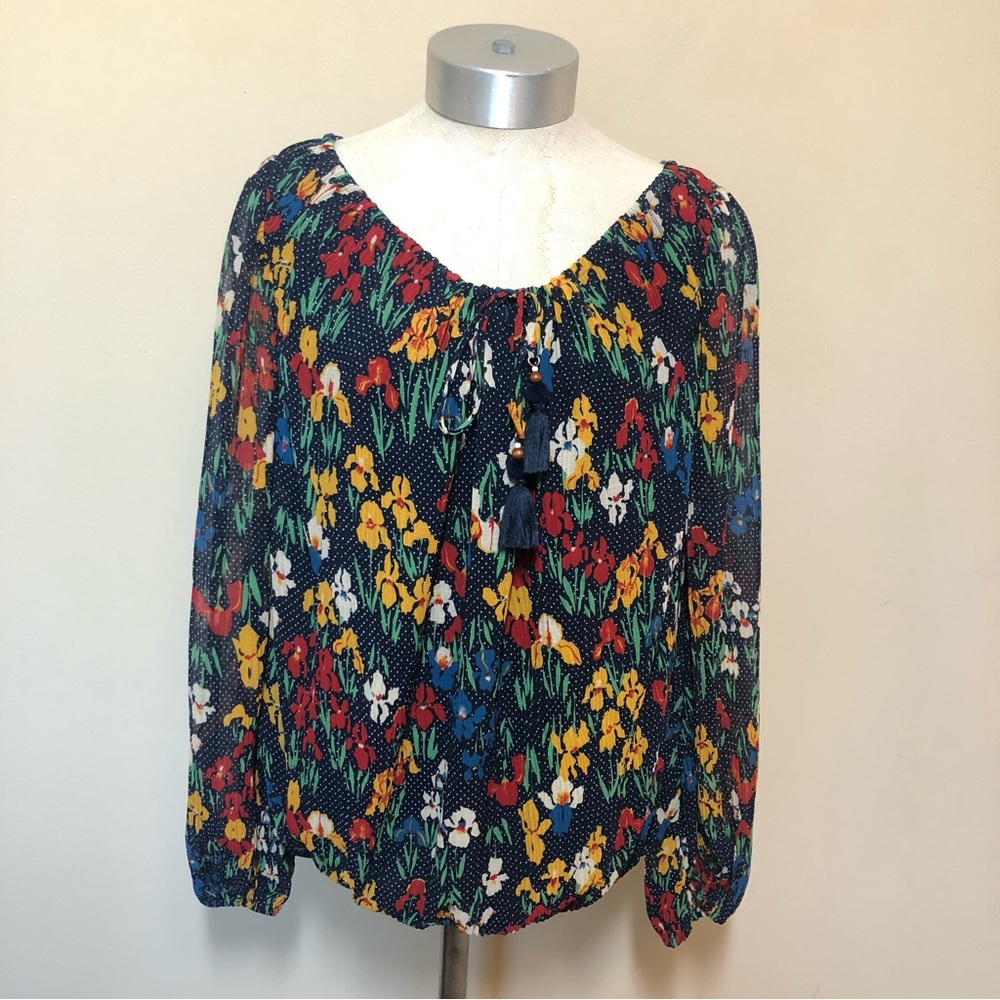 Tory Burch Josephine iris garden floral dot drawstring blouse top peasant